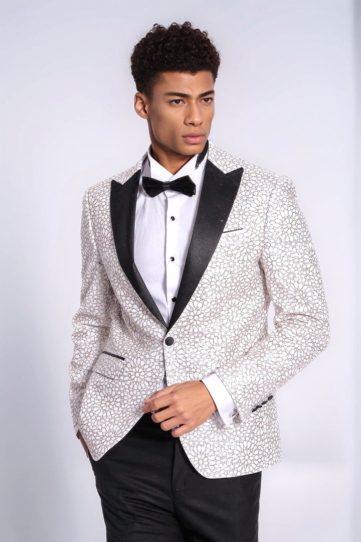 Flower Embroidered Pattern White Men Wedding Tuxedo Jacket - Wessi