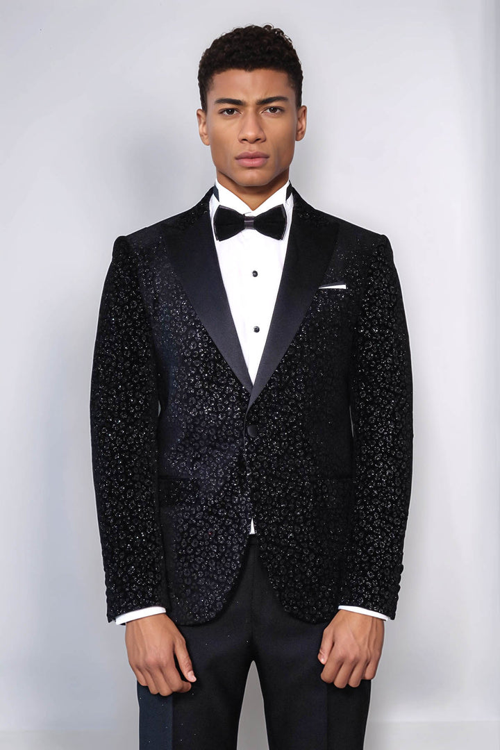 Leopard Pattern Slim Fit Black Men Prom Blazer and Trousers Combination Suit- Wessi