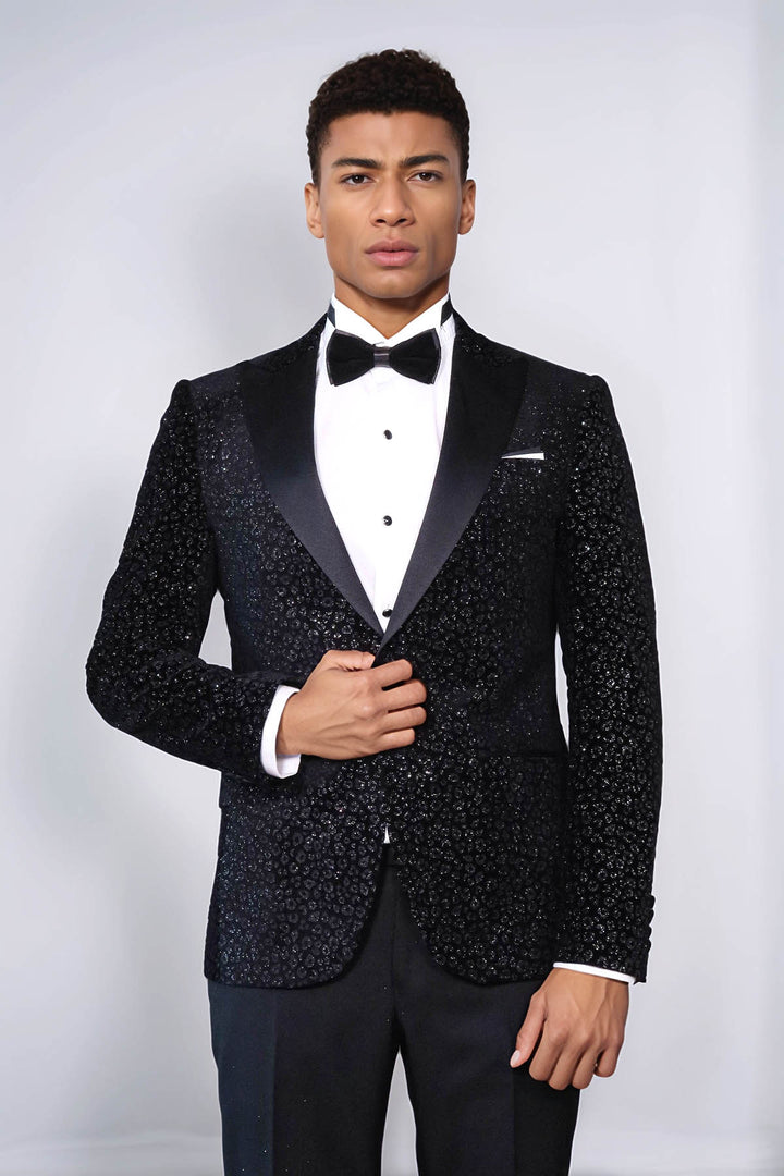 Leopard Pattern Slim Fit Black Men Prom Blazer and Trousers Combination Suit- Wessi