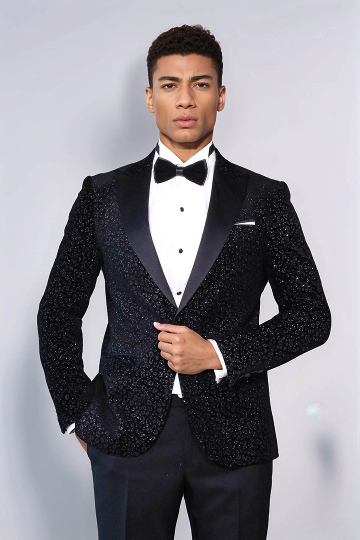 Leopard Pattern Slim Fit Black Men Prom Blazer and Trousers Combination Suit- Wessi