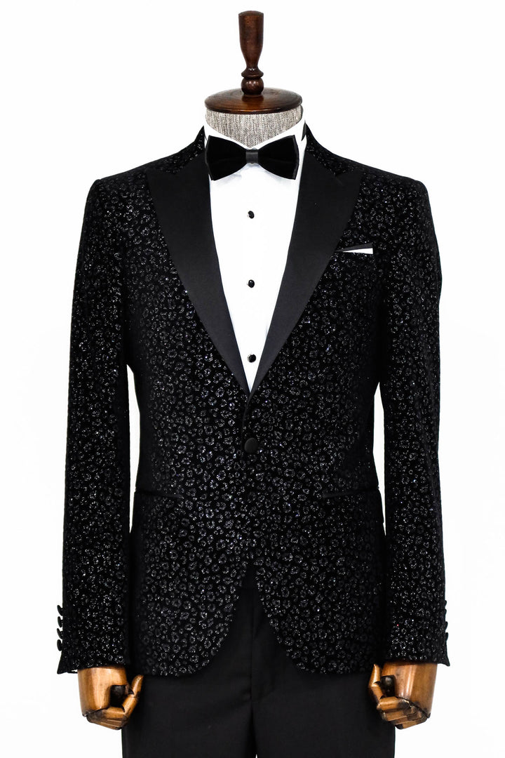 Leopard Pattern Slim Fit Black Men Prom Blazer and Trousers Combination - Wessi