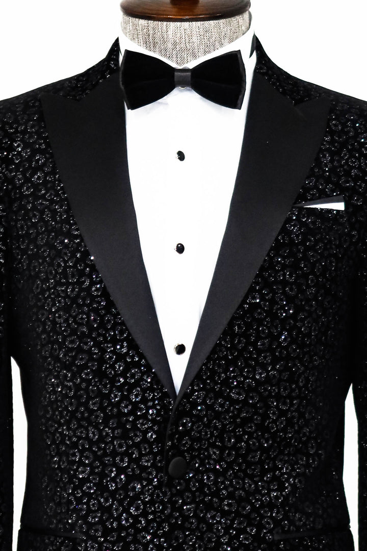 Leopard Pattern Slim Fit Black Men Prom Blazer and Trousers Combination - Wessi