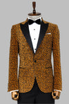 Blazer de fiesta de hombre amarillo con solapa de pico y corte entallado con estampado de leopardo