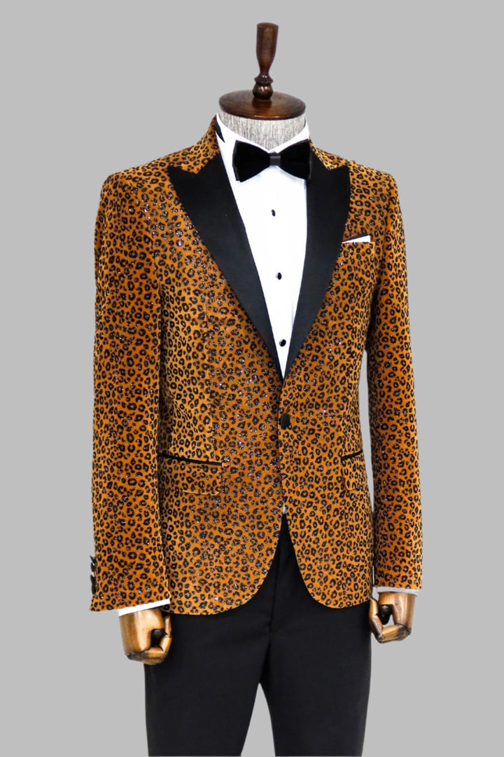 Blazer de fiesta de hombre amarillo con solapa de pico y corte entallado con estampado de leopardo