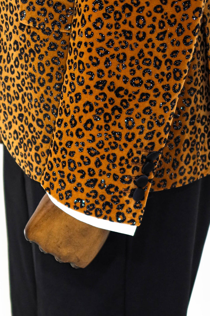 Blazer de fiesta de hombre amarillo con solapa de pico y corte entallado con estampado de leopardo