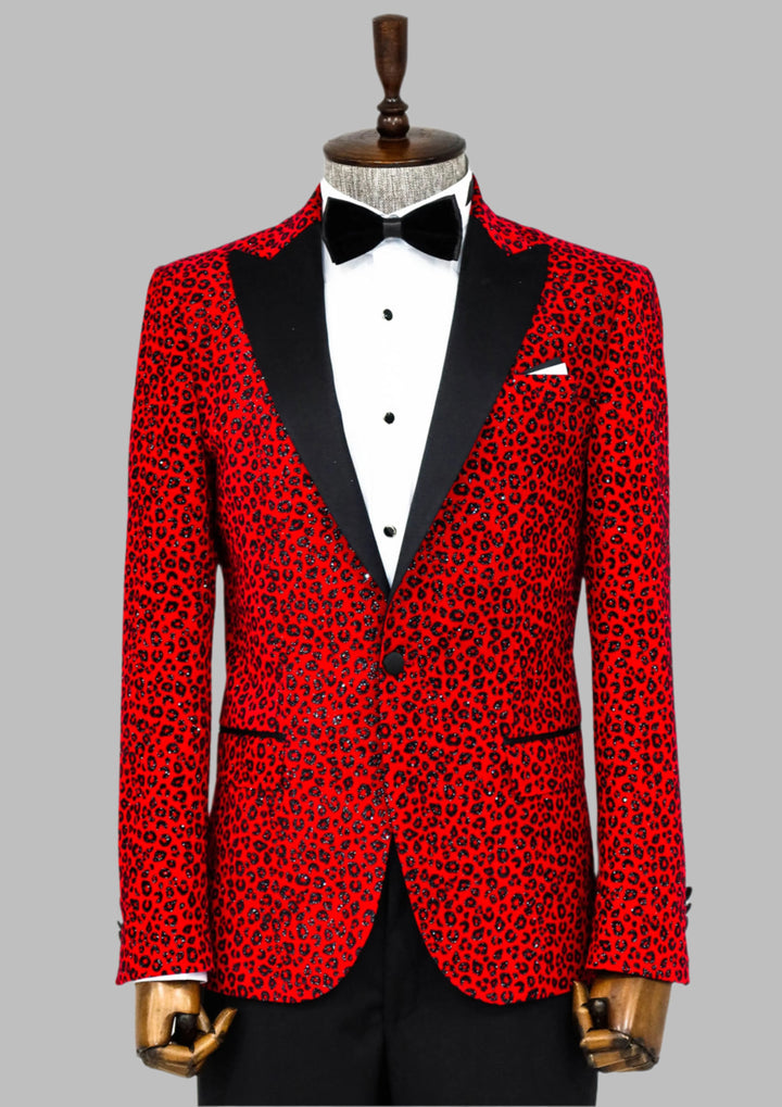 Blazer de graduación para hombre en color burdeos con solapa de pico y corte entallado con estampado de leopardo