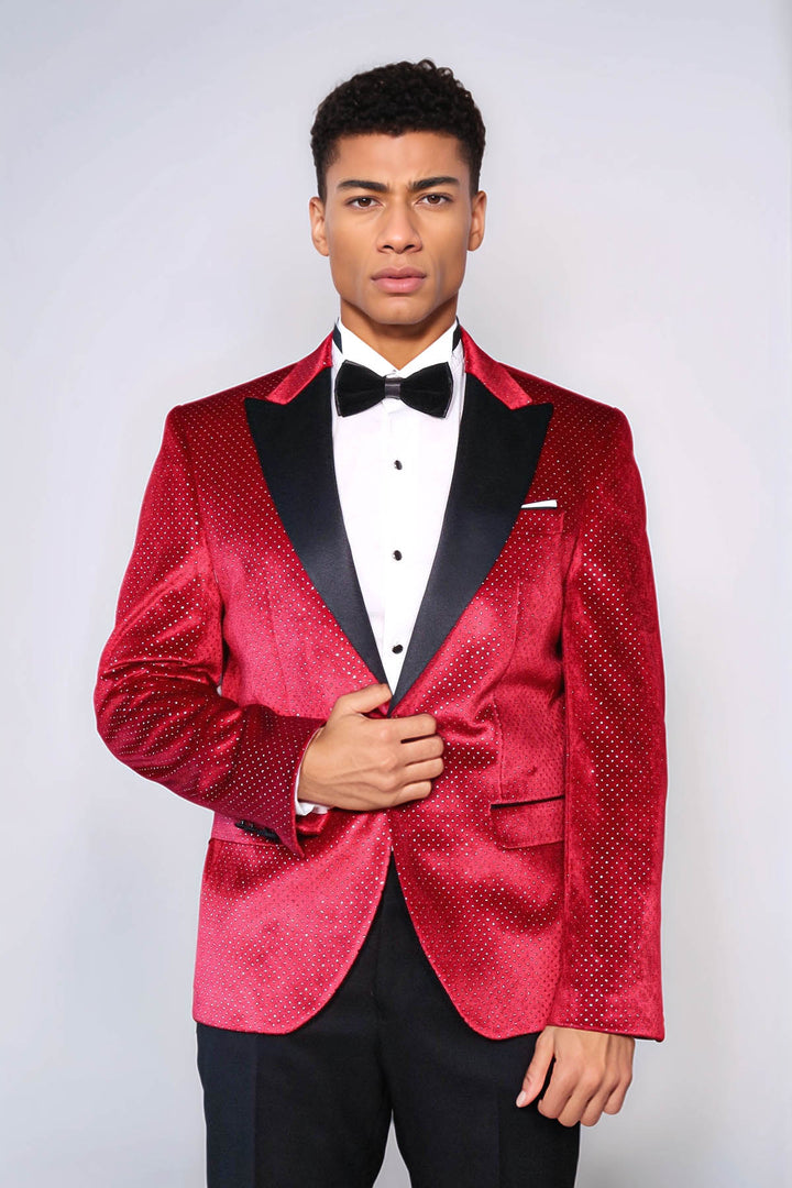 Giacca Tuxedo da Uomo con Rever a Picco a Pois Sparkling Burgundy - Wessi