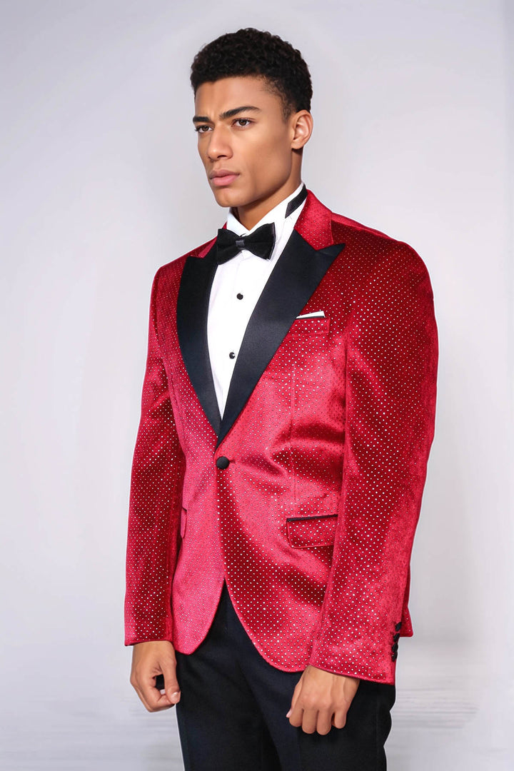 Giacca Tuxedo da Uomo con Rever a Picco a Pois Sparkling Burgundy - Wessi