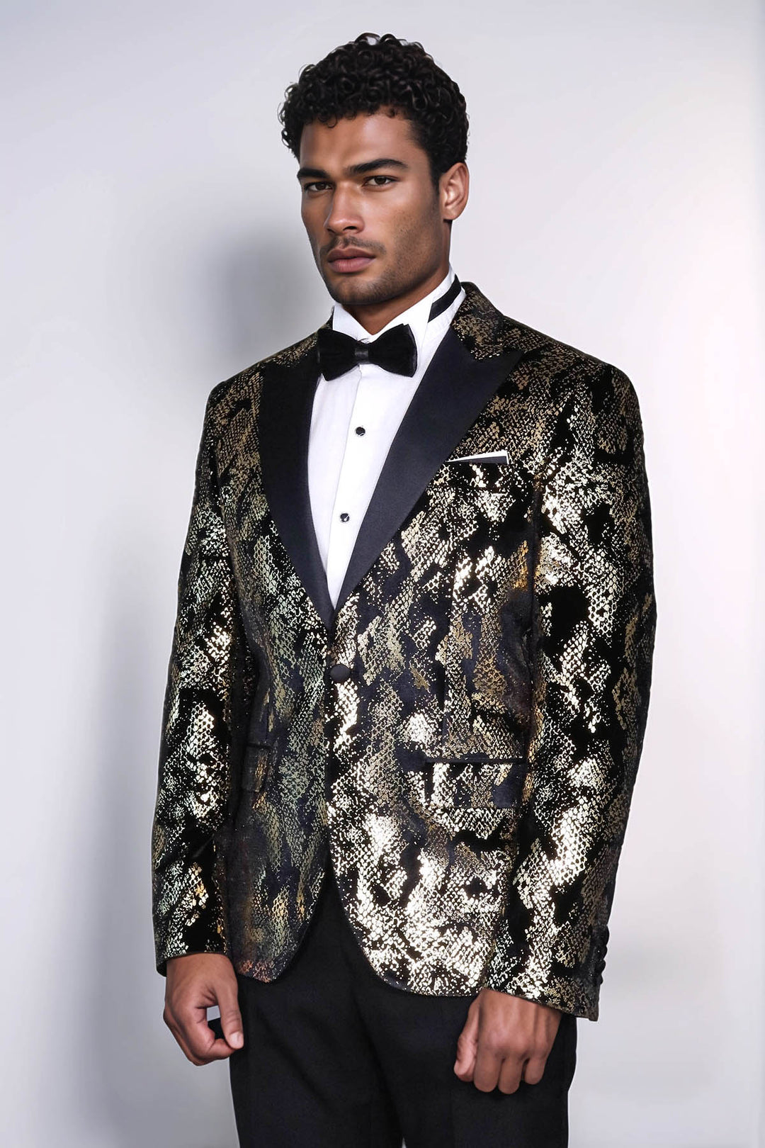 Peak Lapel Slim Fit Gold Patterned Black Men Evening Blazer