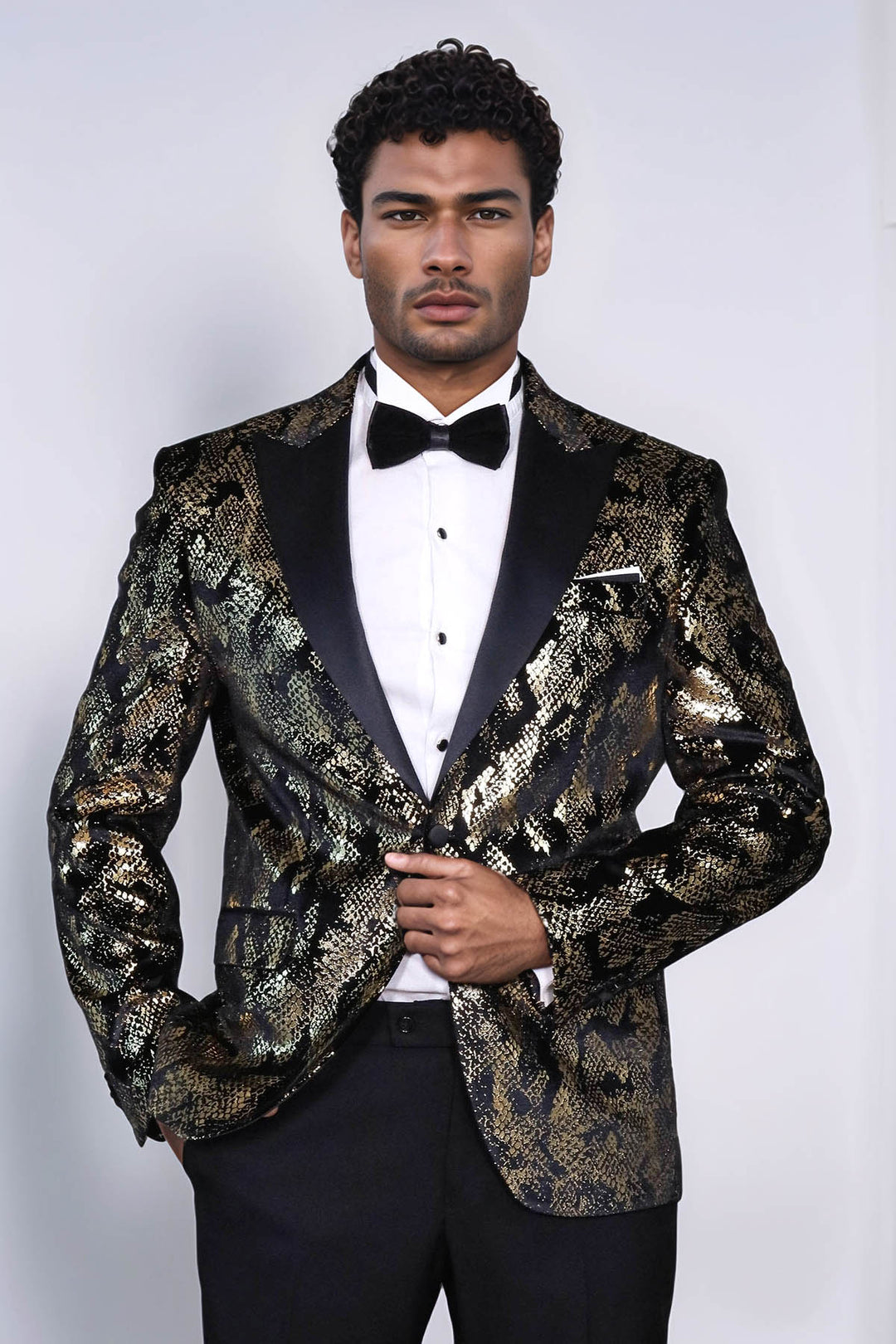 Peak Lapel Slim Fit Gold Patterned Black Men Evening Blazer