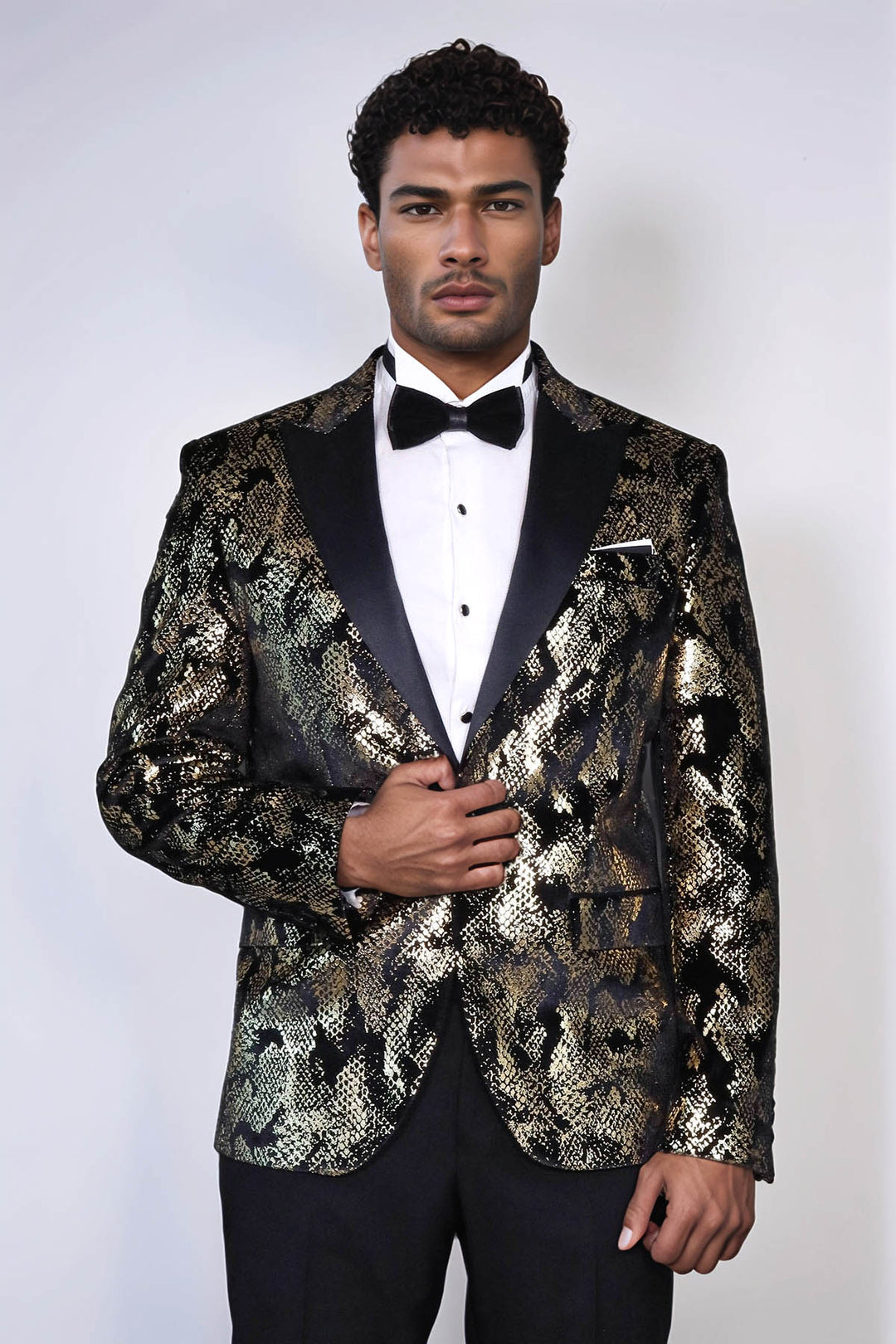 Peak Lapel Slim Fit Gold Patterned Black Men Evening Blazer