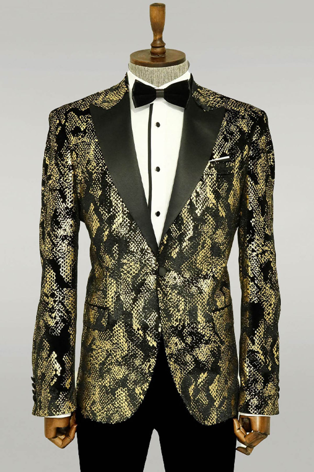 Blazer de fiesta para hombre negro con estampado dorado y corte entallado con solapa de pico