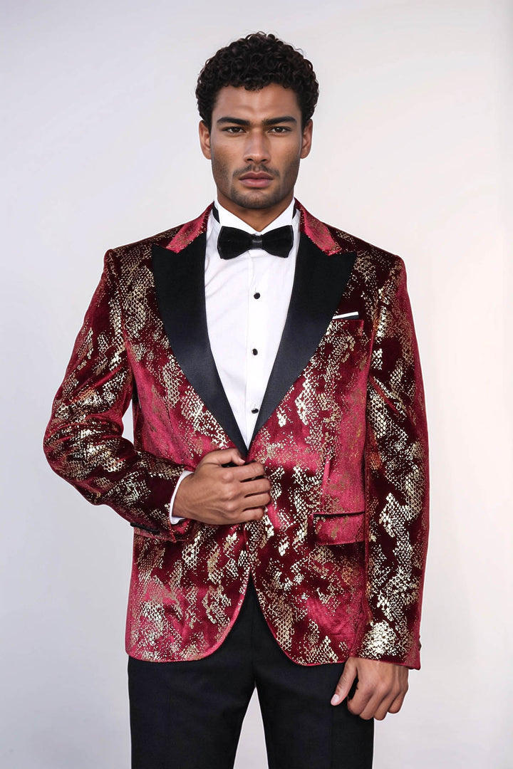 Blazer da uomo da ballo bordeaux con motivo slim fit con risvolto a punta color oro