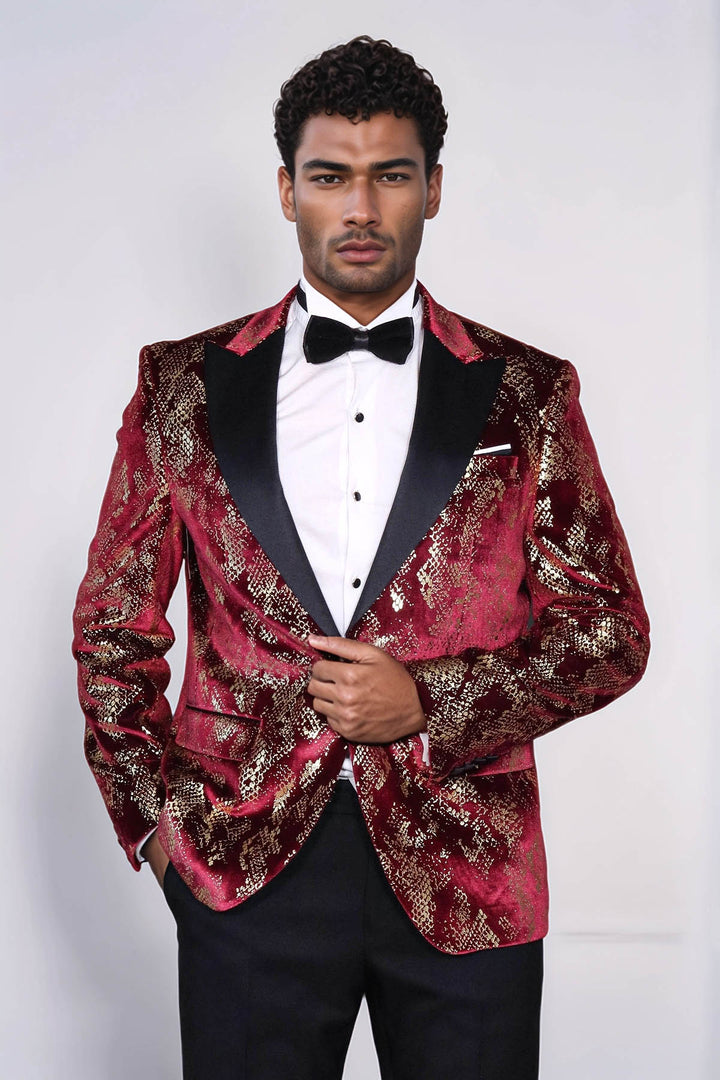 Blazer da uomo da ballo bordeaux con motivo slim fit con risvolto a punta color oro