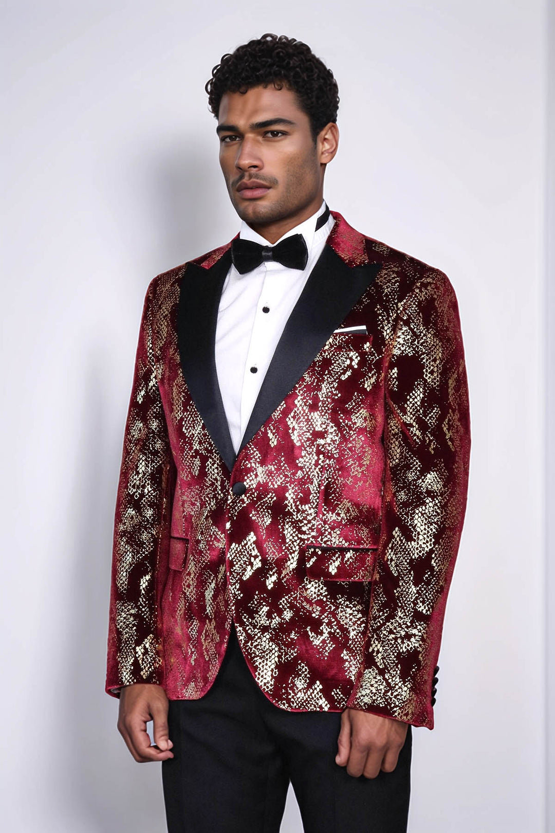 Blazer da uomo da ballo bordeaux con motivo slim fit con risvolto a punta color oro