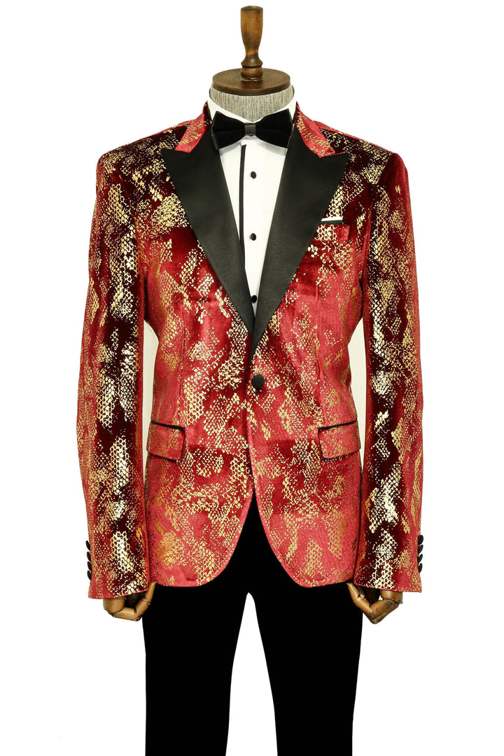 Blazer de graduación para hombre en color burdeos con estampado dorado y corte entallado con solapa de pico