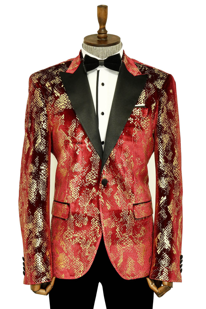 Blazer de graduación para hombre en color burdeos con estampado dorado y corte entallado con solapa de pico