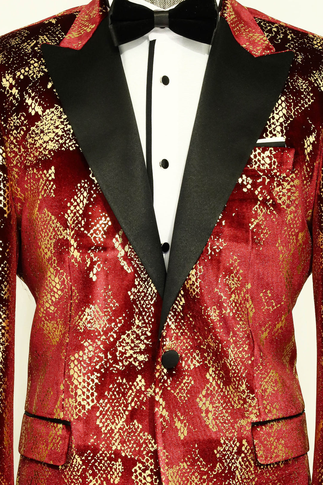 Peak Lapel Slim Fit Gold Patterned Burgundy Men Prom Blazer