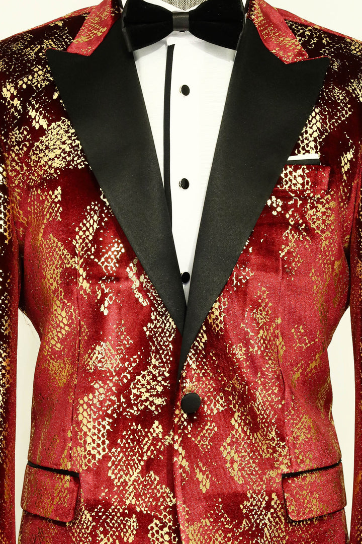 Blazer de graduación para hombre en color burdeos con estampado dorado y corte entallado con solapa de pico