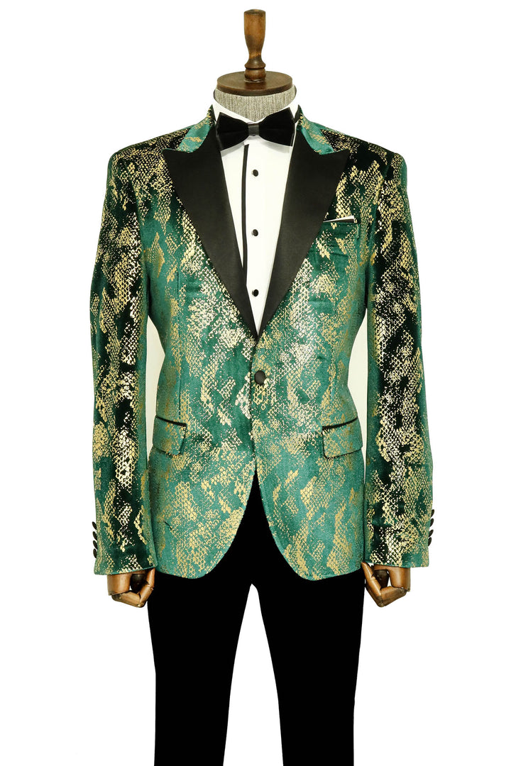 Blazer de graduación para hombre verde con estampado dorado y corte entallado con solapa de pico