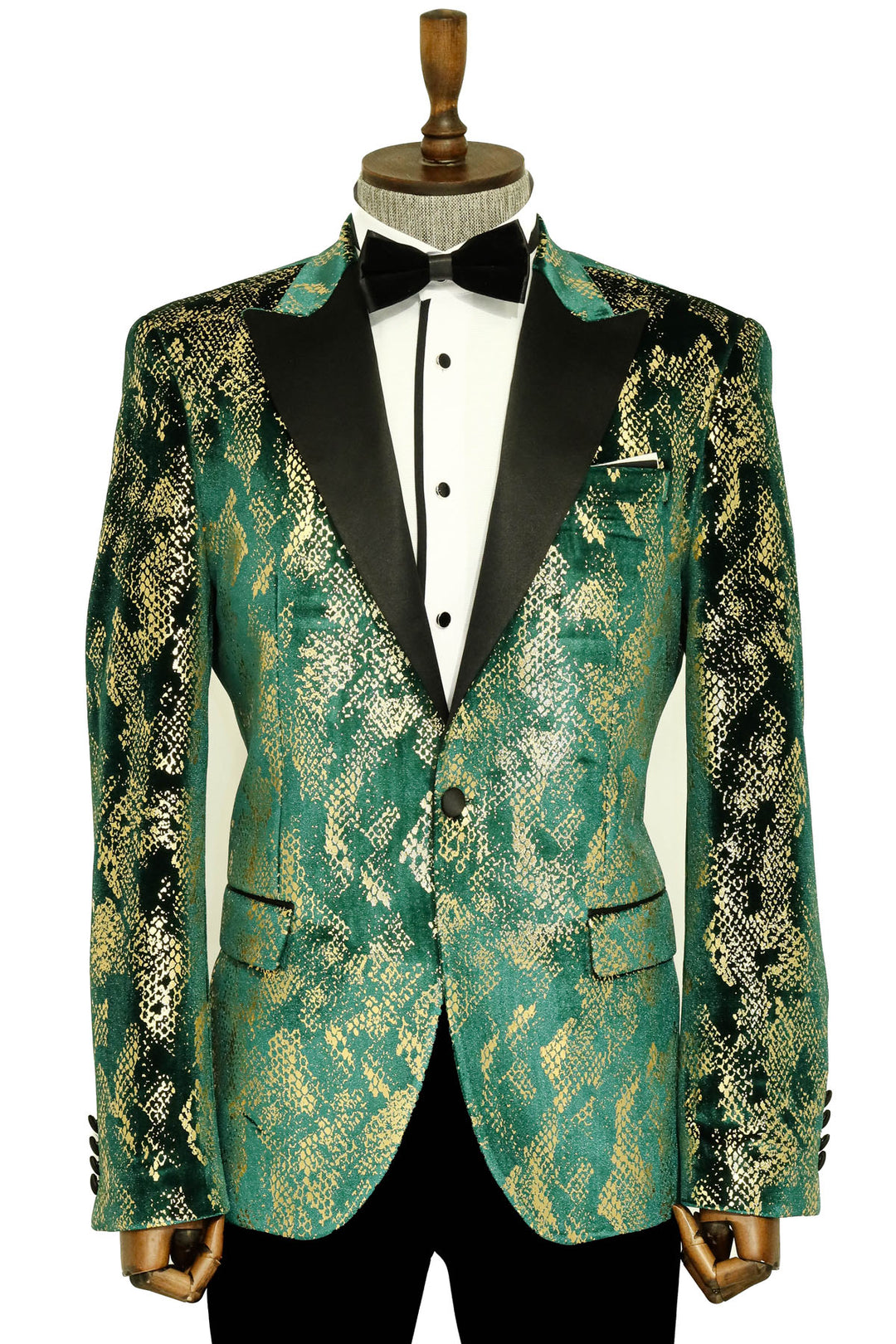 Blazer de graduación para hombre verde con estampado dorado y corte entallado con solapa de pico