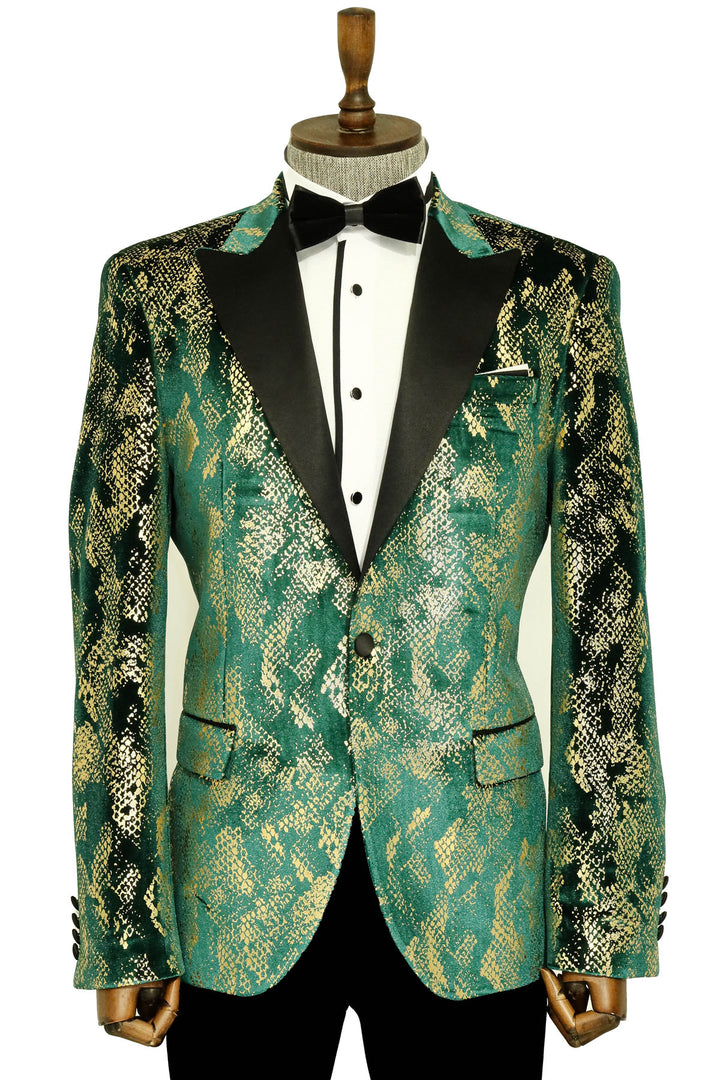 Peak Lapel Slim Fit Gold Patterned Green Men Prom Blazer