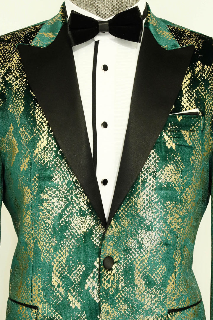 Blazer de graduación para hombre verde con estampado dorado y corte entallado con solapa de pico