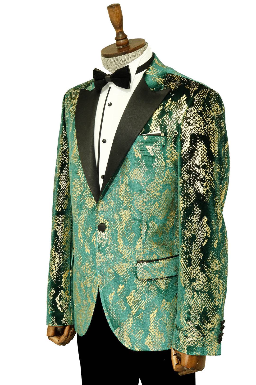 Blazer de graduación para hombre verde con estampado dorado y corte entallado con solapa de pico