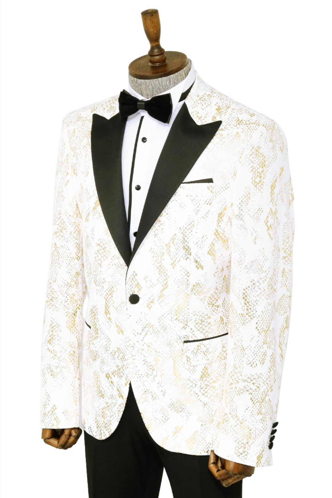 Blazer de graduación para hombre blanco con estampado dorado y corte entallado con solapa de pico