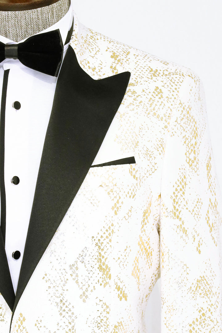 Blazer de graduación para hombre blanco con estampado dorado y corte entallado con solapa de pico