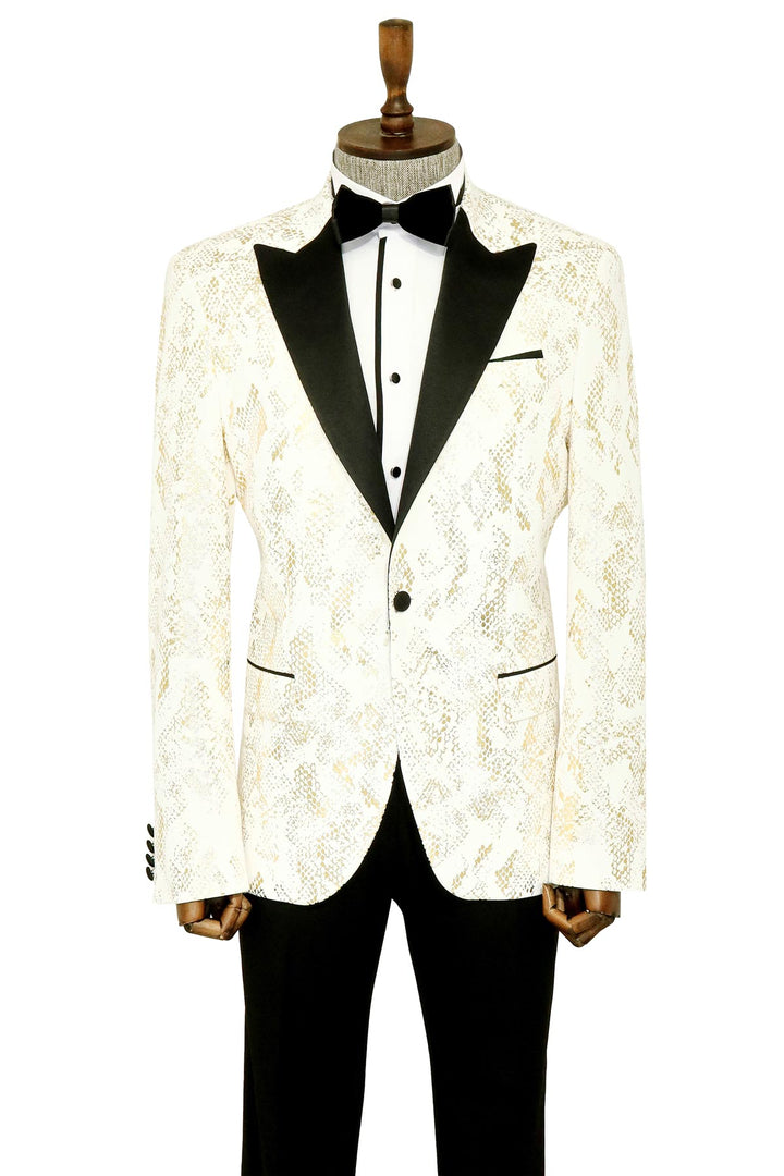 Blazer de graduación para hombre blanco con estampado dorado y corte entallado con solapa de pico