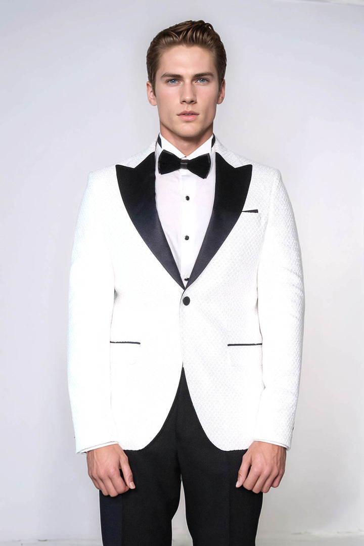 Satin Shawl Lapel Textured Men's White Tuxedo Jacket - Wessi