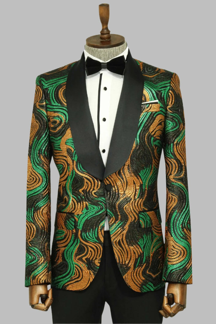 Blazer de graduación para hombre con estampado dorado y verde sobre negro - Wessi