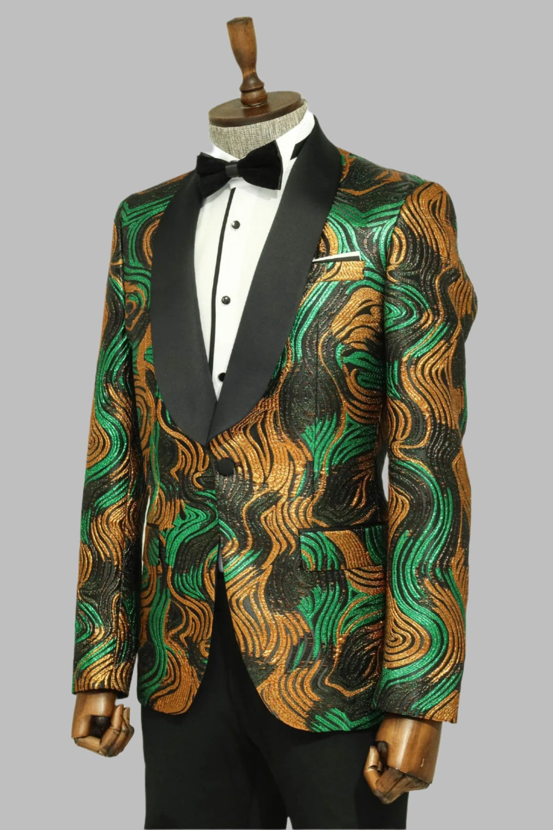 Gold-Green Patterned Over Black Men Prom Blazer - Wessi