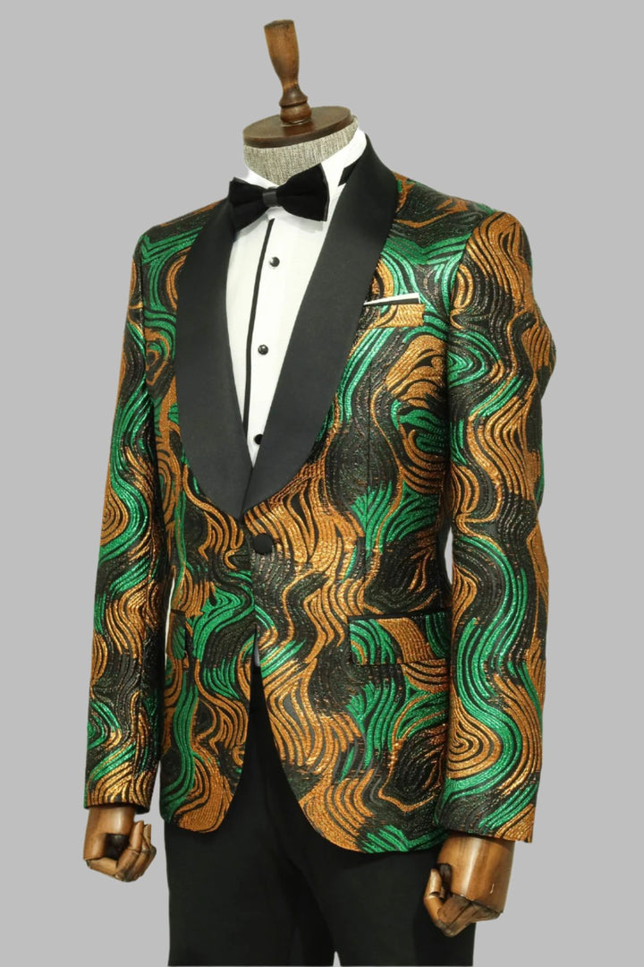 Gold-Green Patterned Over Black Men Prom Blazer - Wessi