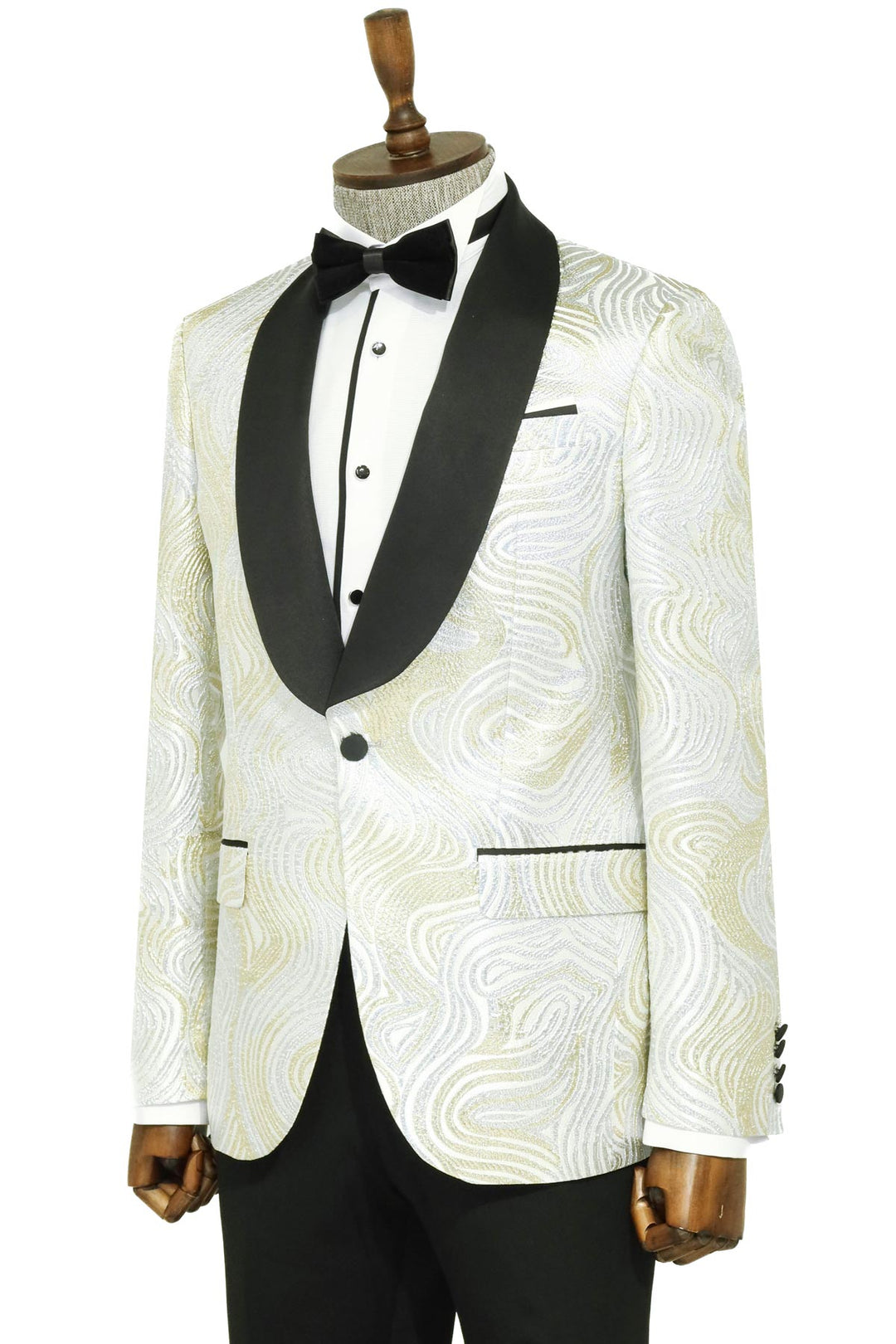 Gold Patterned Over White Men Prom Blazer - Wessi