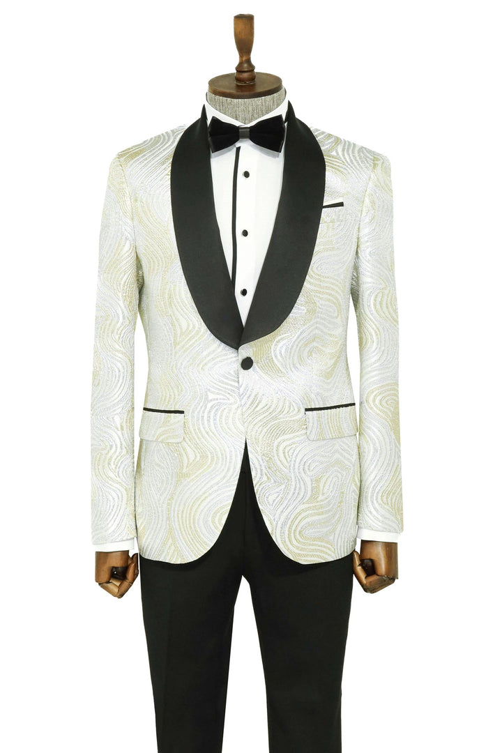 Gold Patterned Over White Men Prom Blazer - Wessi