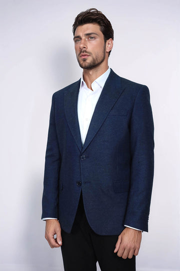 Plain Slim Fit Sport Navy Blue Men Blazer - Wessi
