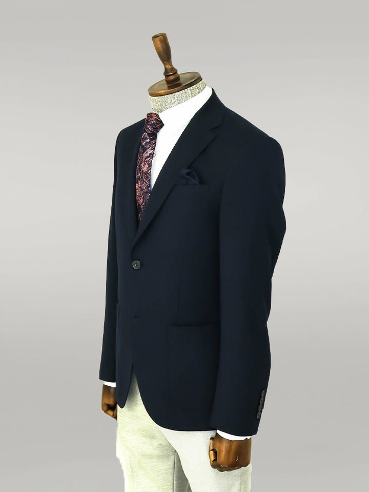 Textured Slim Fit Peak Lapel Navy Blue Men Blazer - Wessi