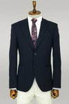 Textured Slim Fit Peak Lapel Navy Blue Men Blazer - Wessi