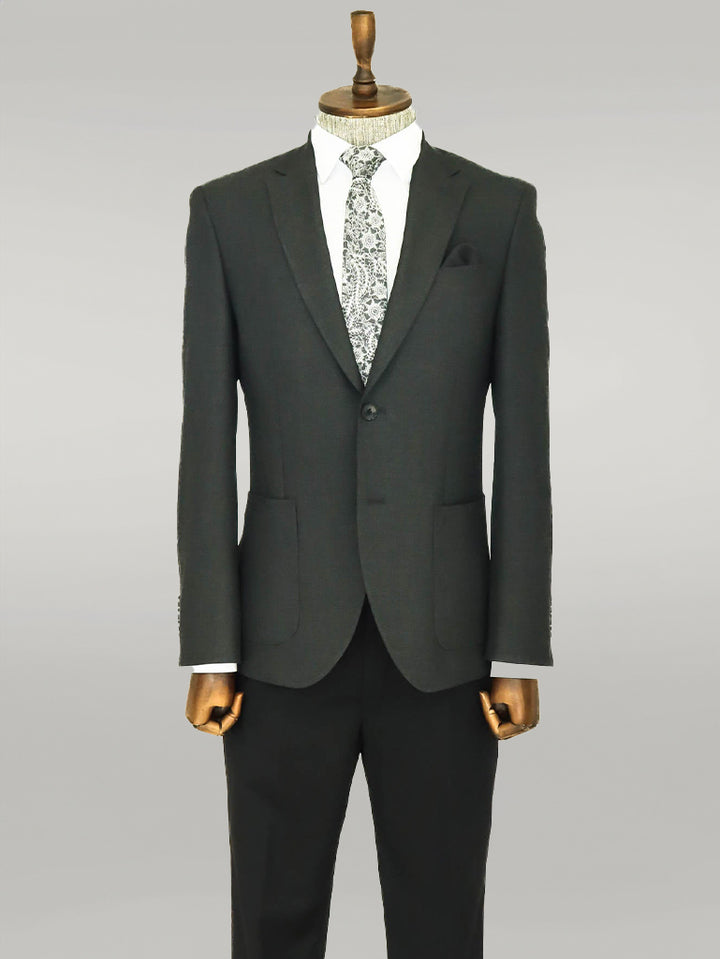 Textured Slim Fit Peak Lapel Anthracite Men Blazer - Wessi