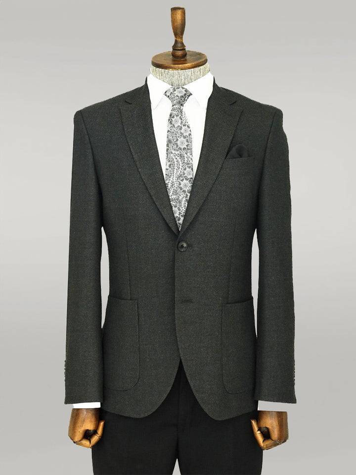 Textured Slim Fit Peak Lapel Anthracite Men Blazer - Wessi