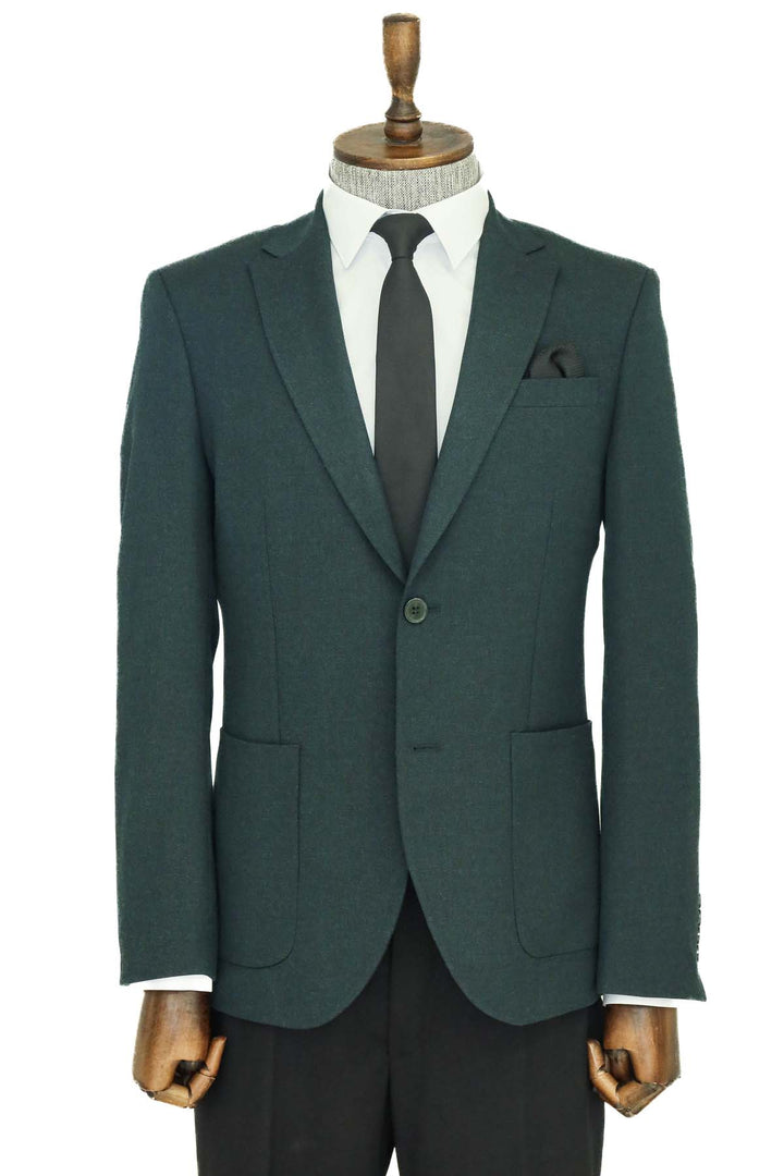 Textured Slim Fit Peak Lapel Green Men Blazer and Combination- Wessi