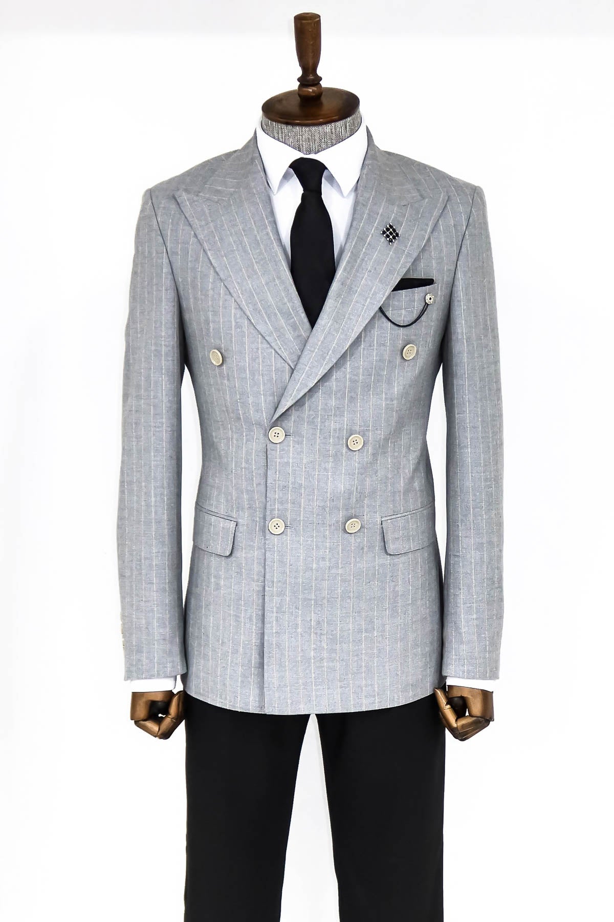 Striped Double Breasted Grey Men Blazer Wessi