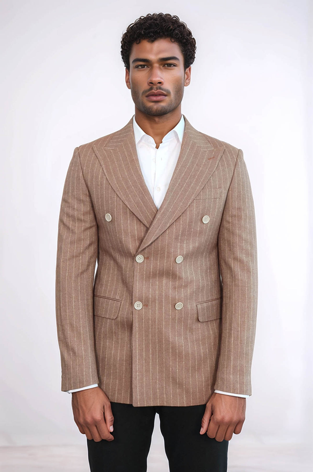 Striped Double Breasted Beige Men Blazer - Wessi