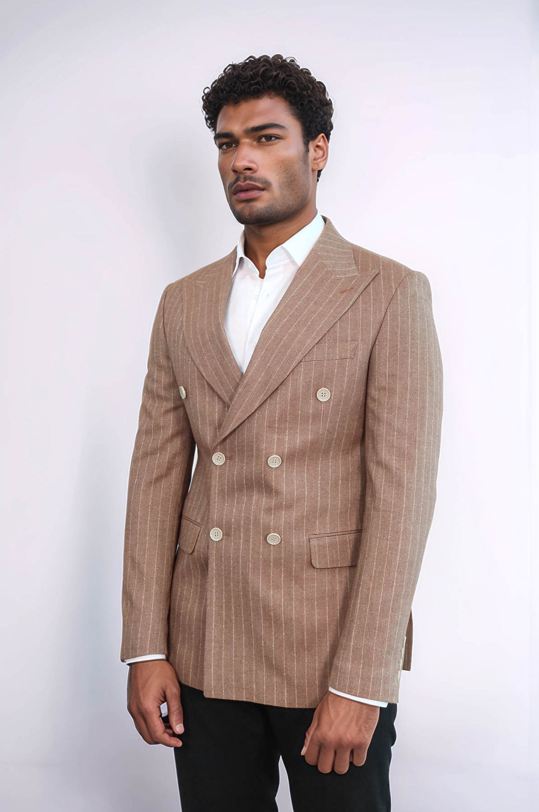 Striped Double Breasted Beige Men Blazer - Wessi