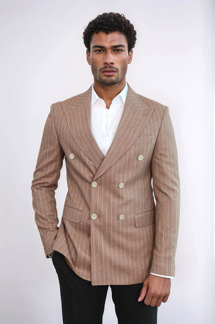 Striped Double Breasted Beige Men Blazer - Wessi