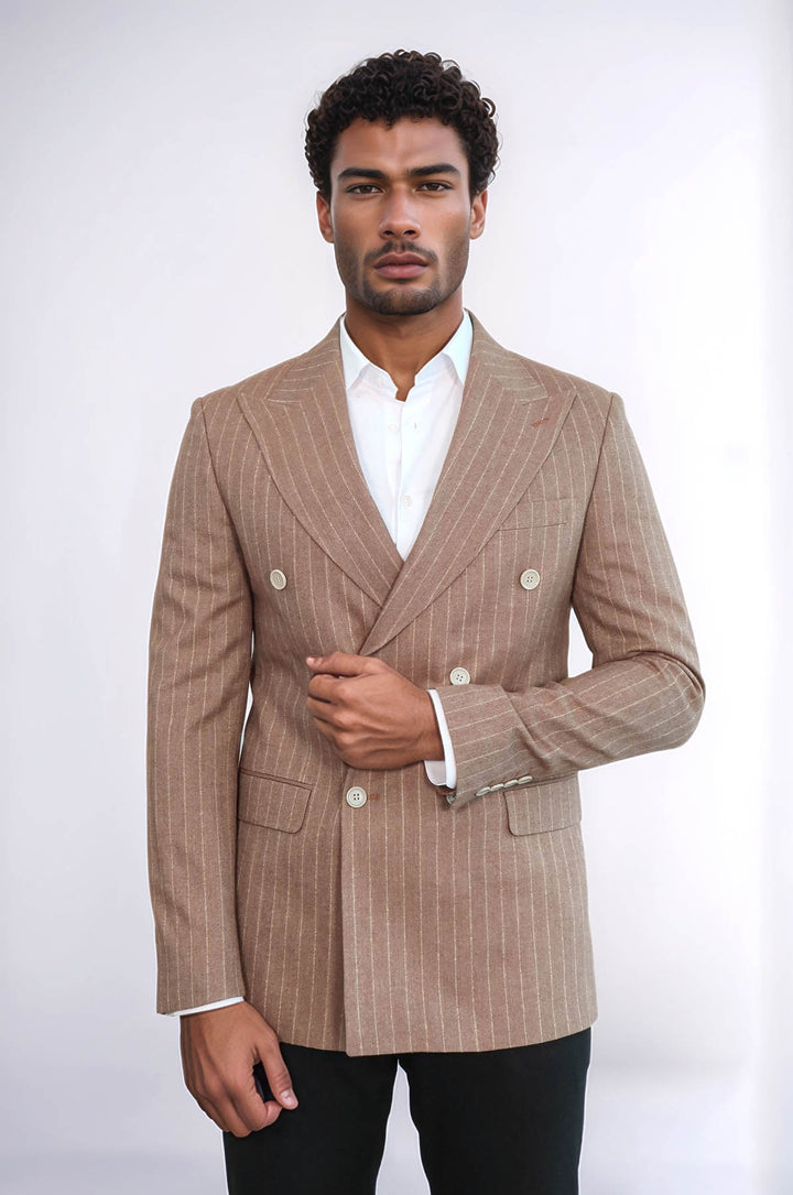 Striped Double Breasted Beige Men Blazer - Wessi