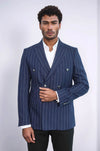 Double Breasted Slim Fit Striped Navy Blue Men Blazer - Wessi