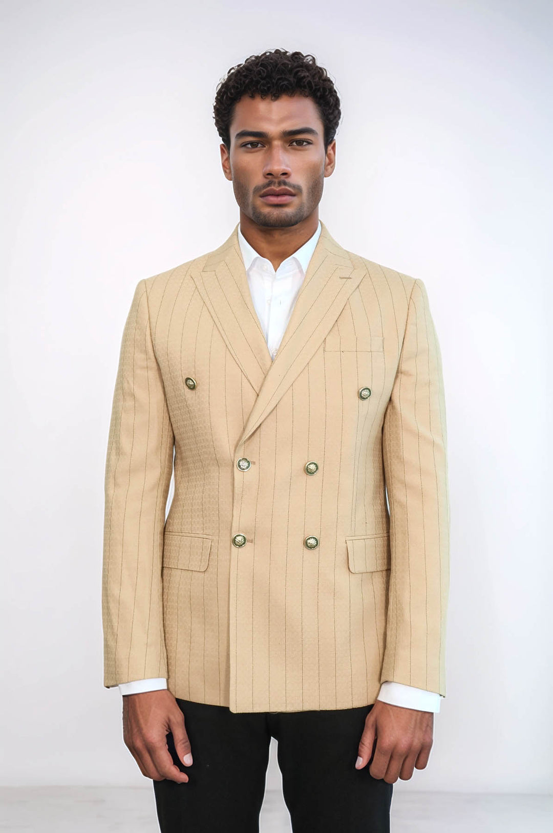 Double Breasted Slim Fit Striped Cream Men Blazer - Wessi